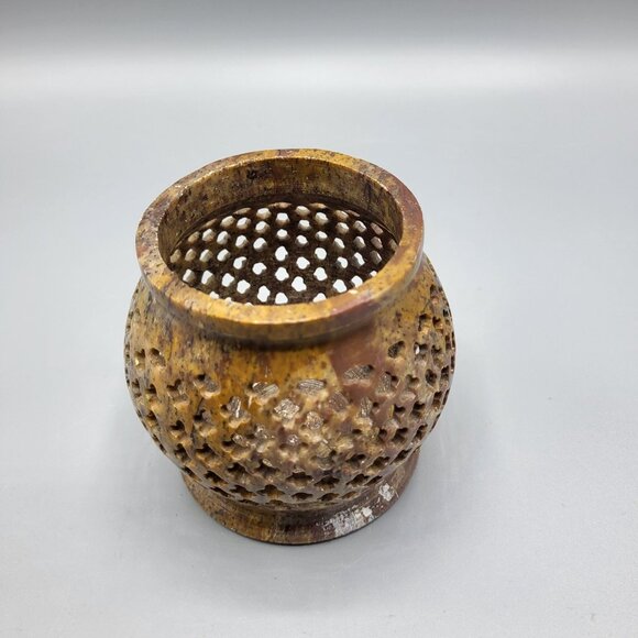 Vintage Decorative Brown Soapstone Stone Carved Candle Holder - Picture 6 of 9
